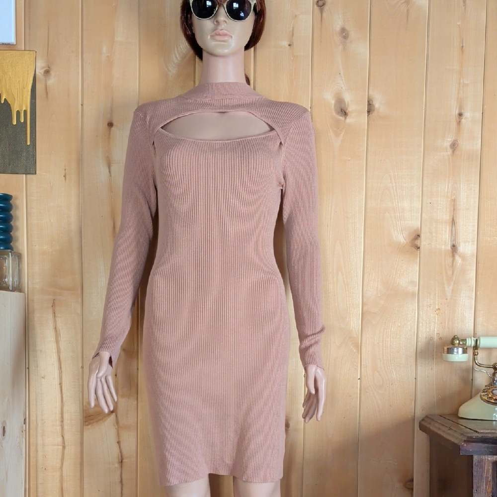 No Boundaries Tan Long Sleeve Cut-Out Dress